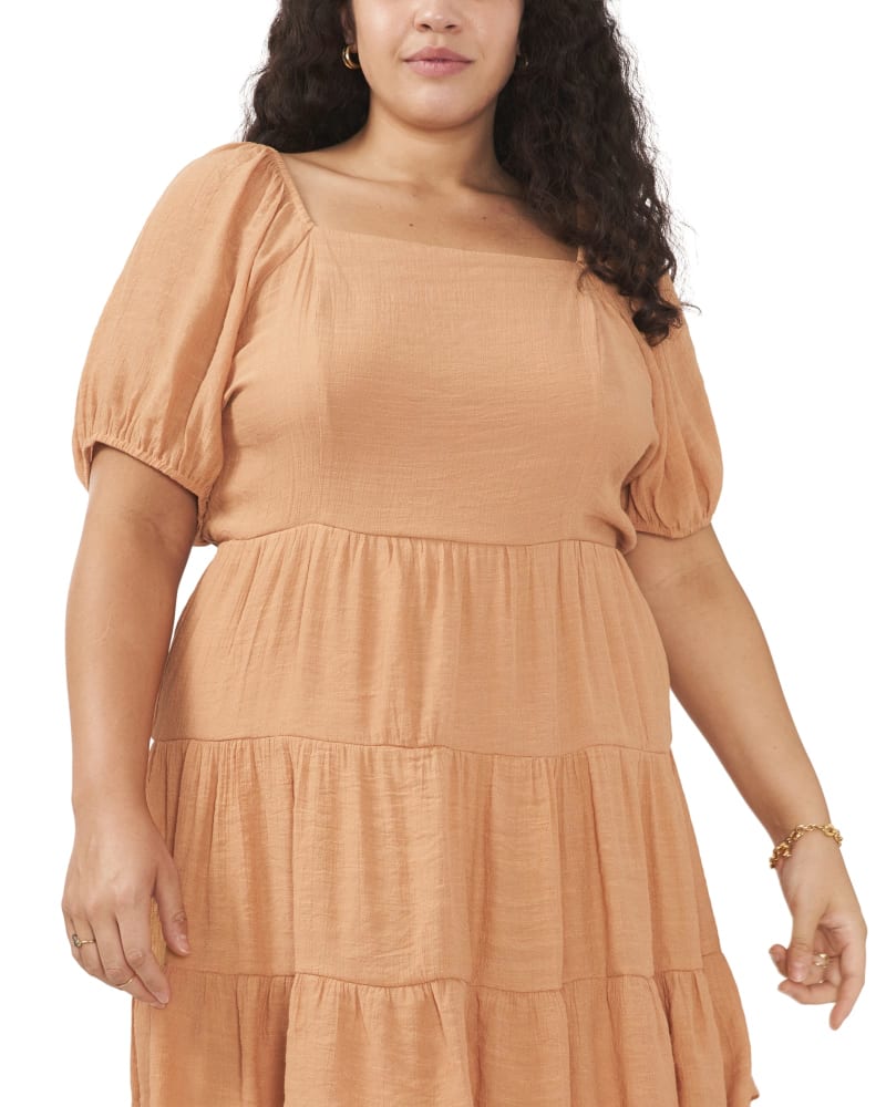 Front of a model wearing a size 0X Kendall Tie Back Dress in TOASTED NUT by 1.State. | dia_product_style_image_id:262308